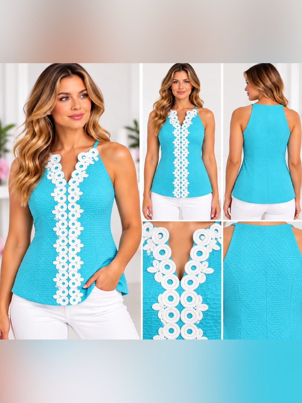 Lilly Pulitzer Annabelle Halter Top Turquoise White Embroidered Size 8